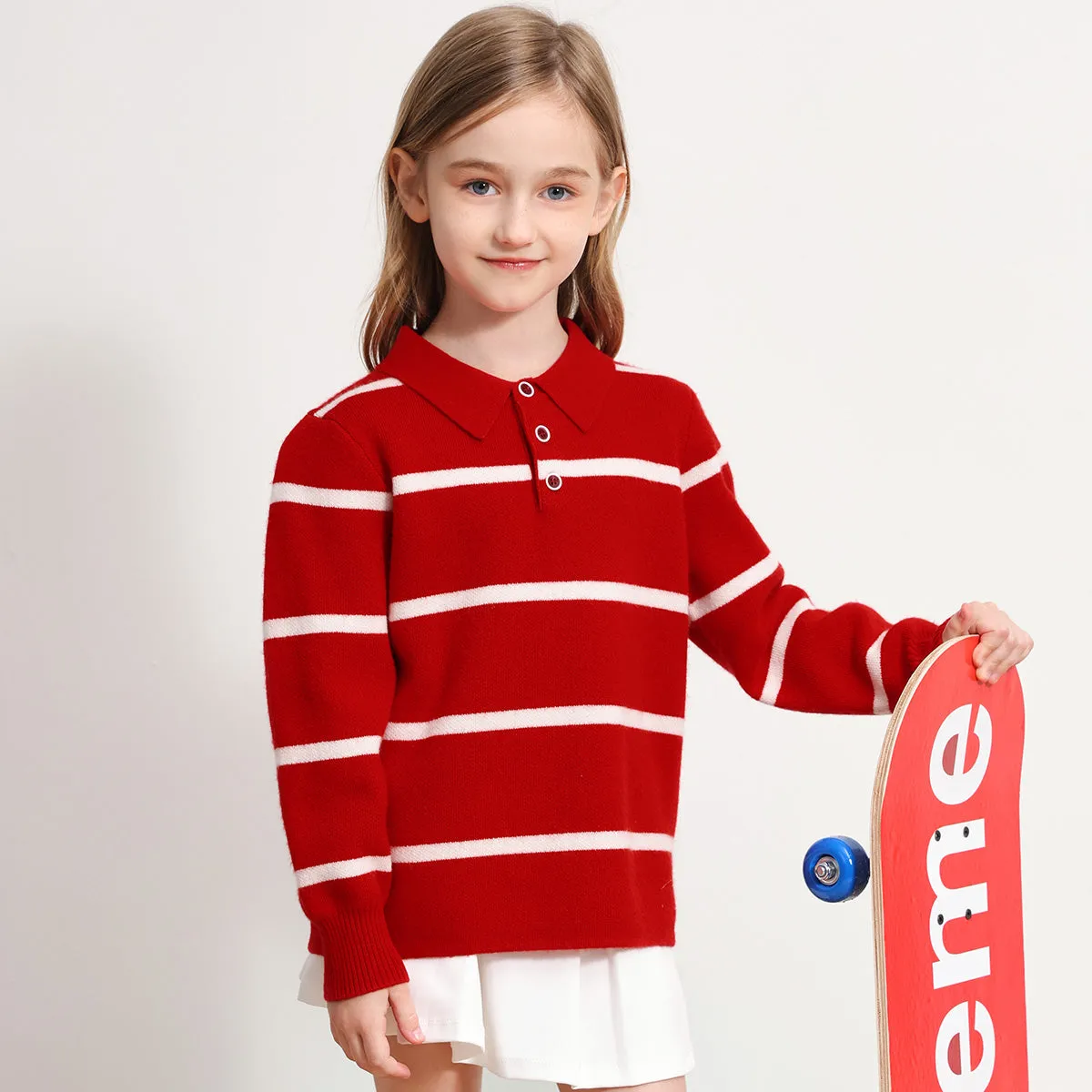 100% Wool Kids Polo Collar Striped Sweater