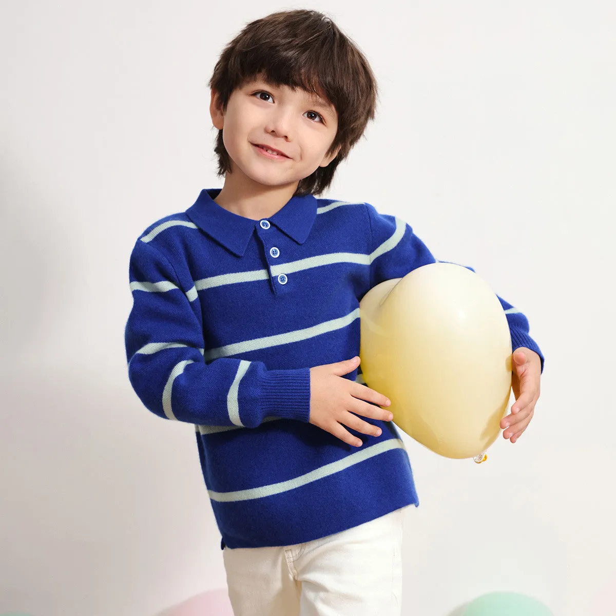 100% Wool Kids Polo Collar Striped Sweater