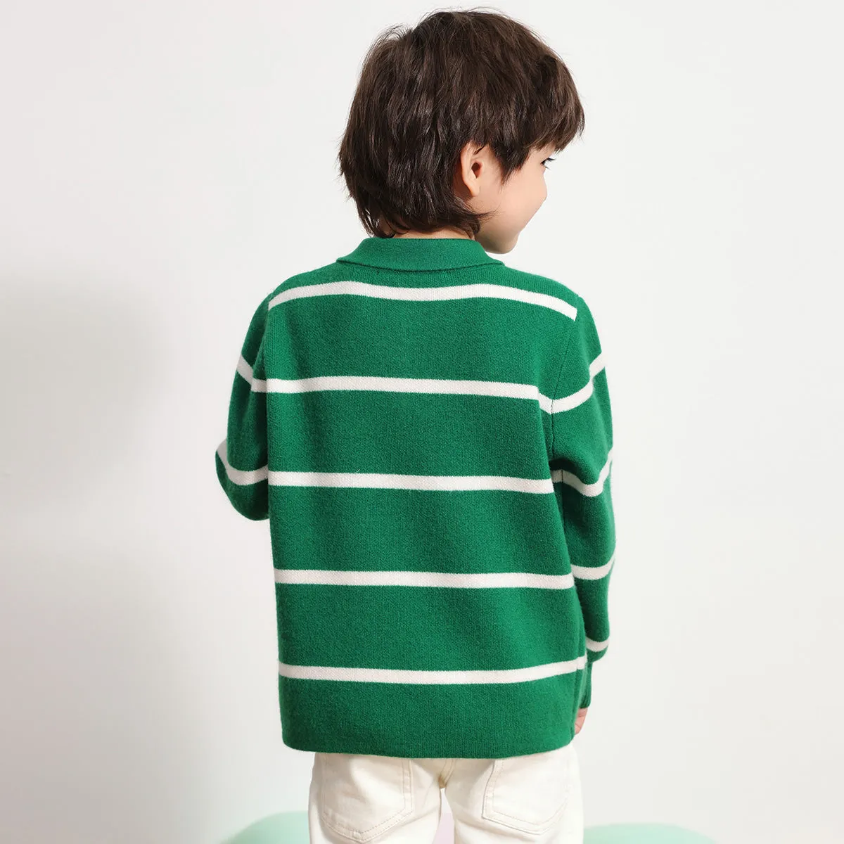 100% Wool Kids Polo Collar Striped Sweater