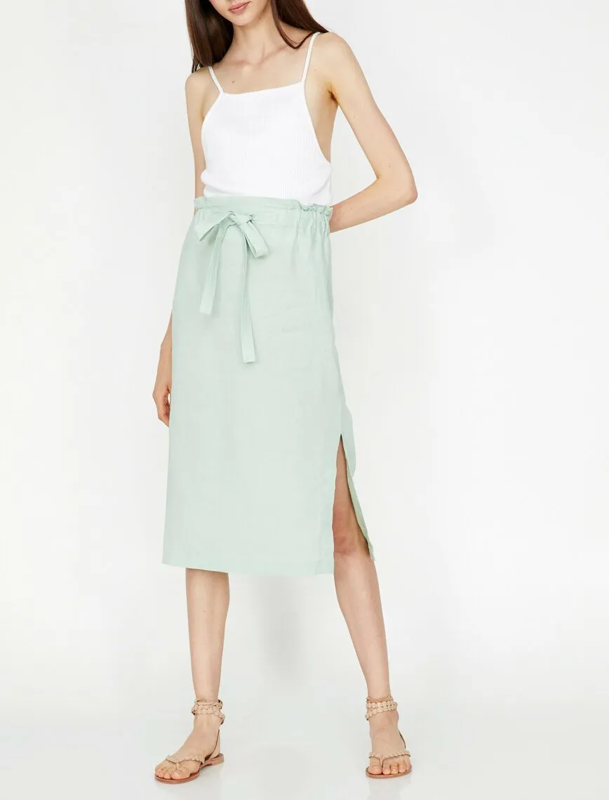 12045 Blue Tie Waist Midi Skirt