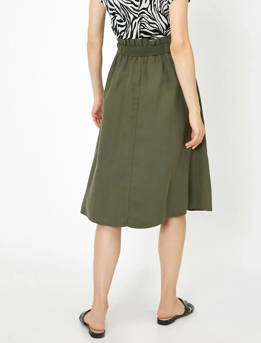 12166 Khaki Tie Waist Midi Skirt