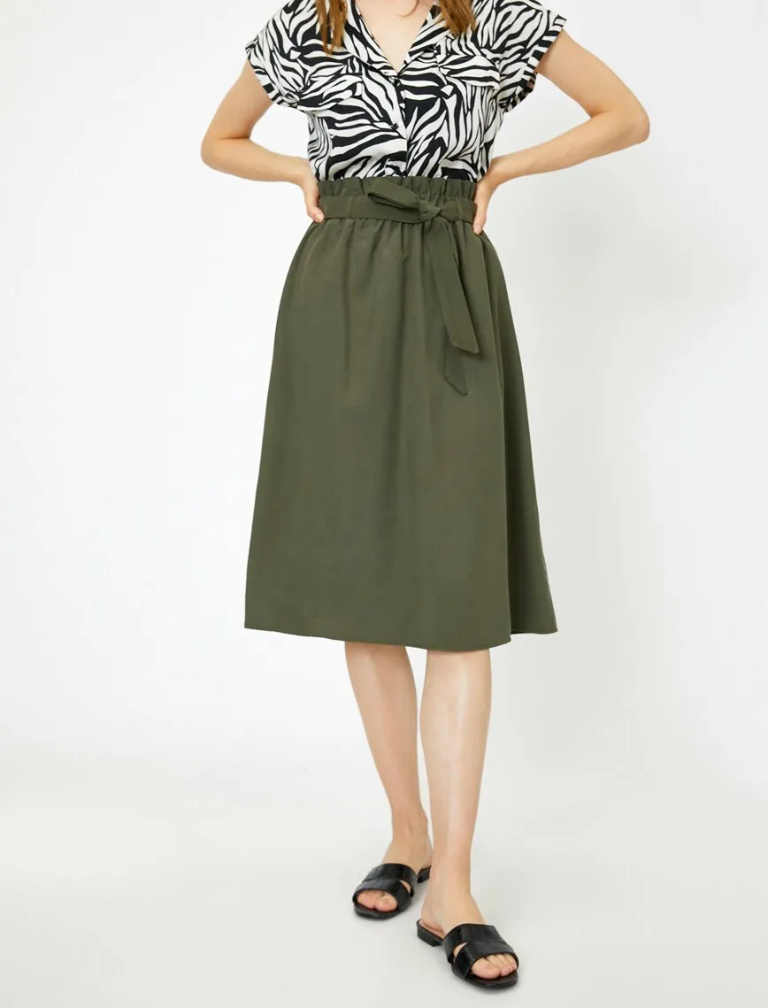 12166 Khaki Tie Waist Midi Skirt