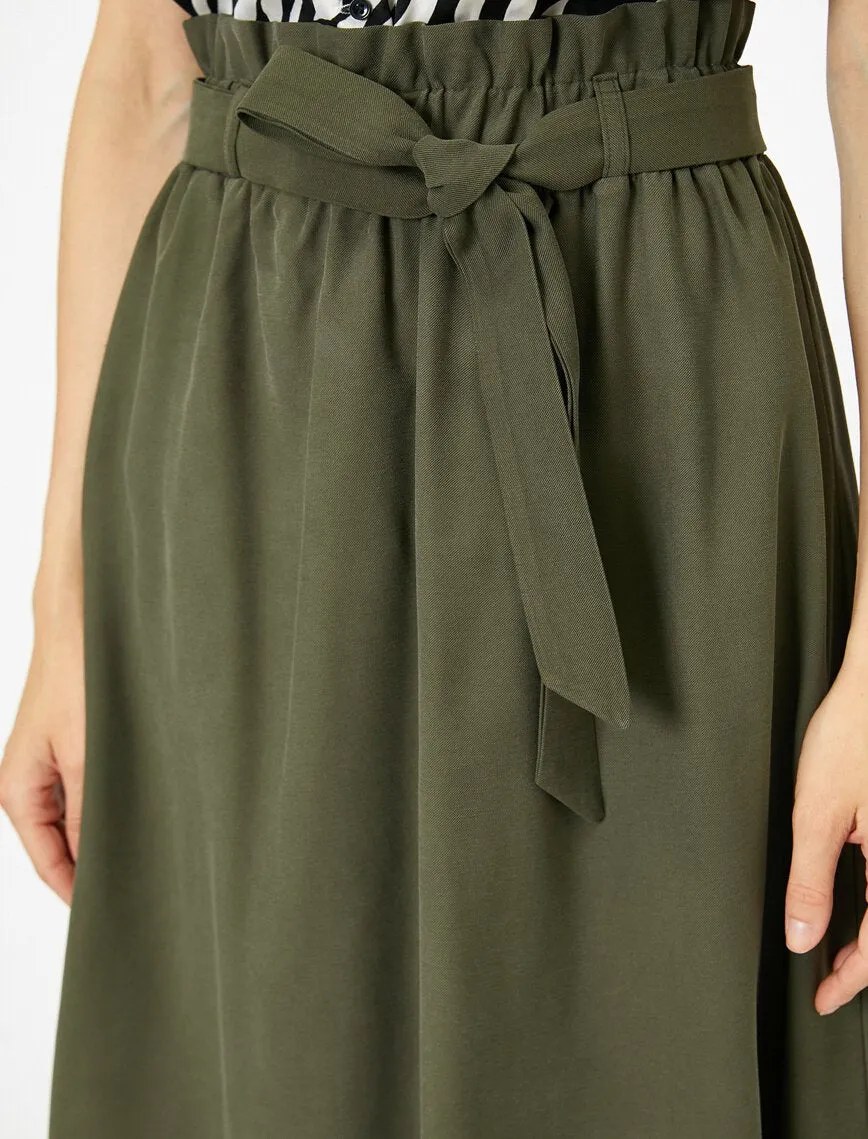 12166 Khaki Tie Waist Midi Skirt