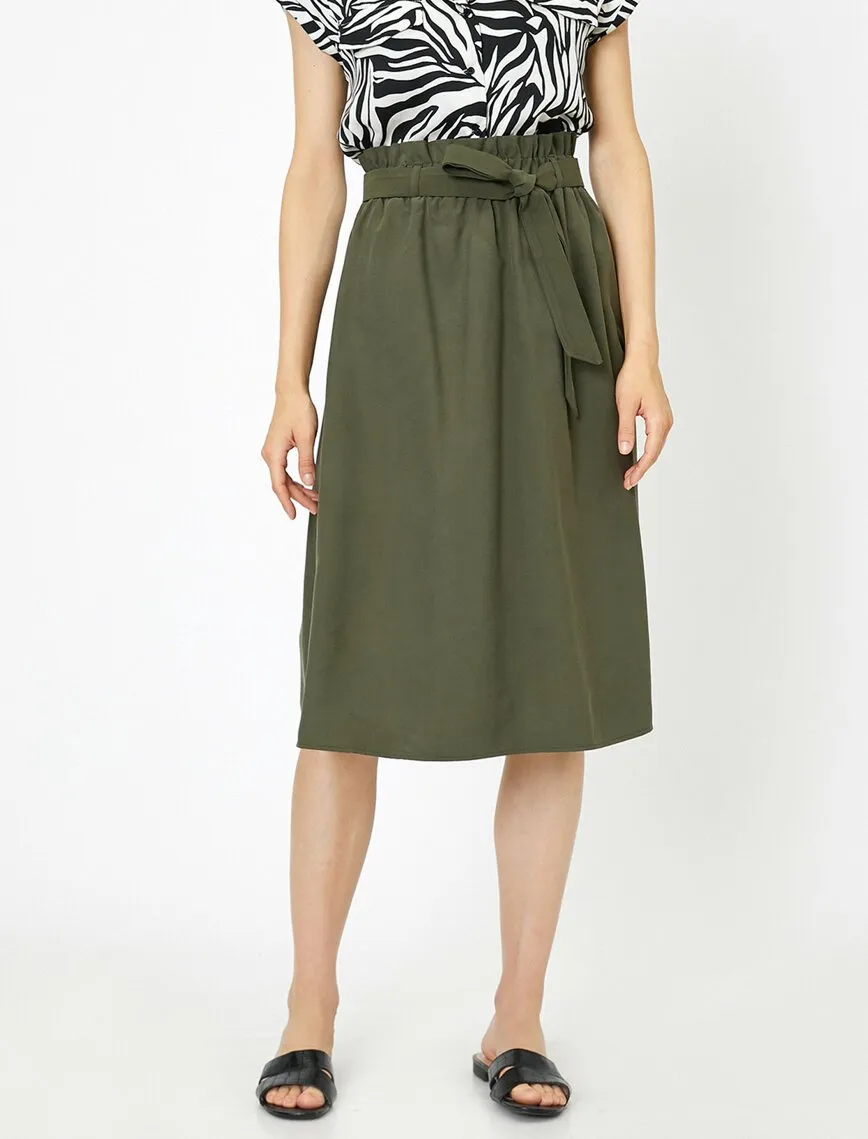 12166 Khaki Tie Waist Midi Skirt