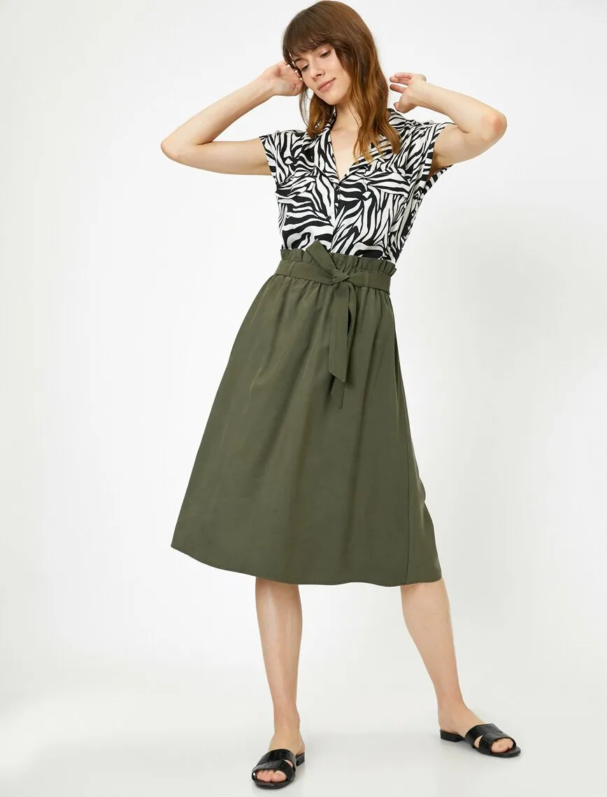 12166 Khaki Tie Waist Midi Skirt