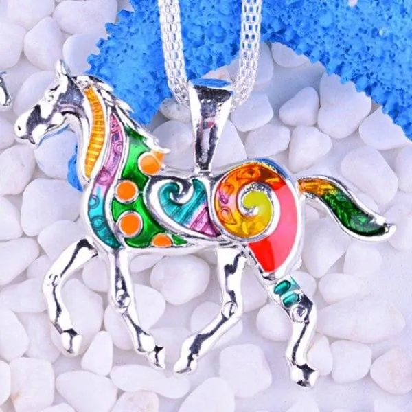 14K Gold Plated Painted Pony Enamel Horse Pendant Necklace for Woman Gift Horse Lover