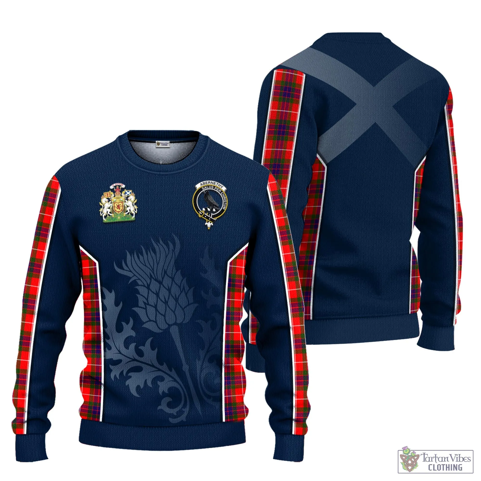 Abernethy Tartan Knitted Sweatshirt with Family Crest and Scottish Thistle Vibes Sport Style