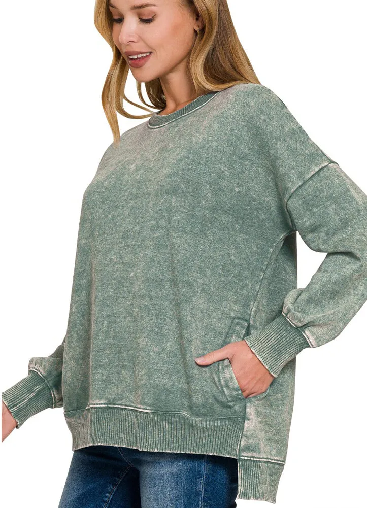 Acid Wash Fleece Hi Low Pullover in Ash Jade by Zenana