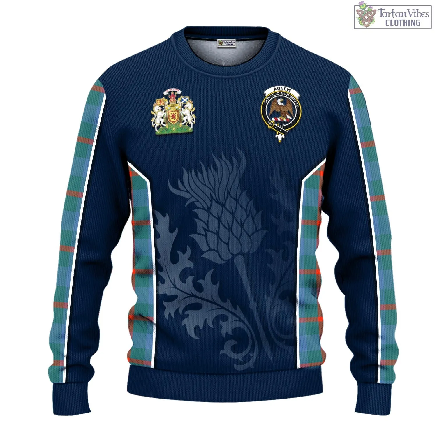 Agnew Ancient Tartan Knitted Sweatshirt with Family Crest and Scottish Thistle Vibes Sport Style