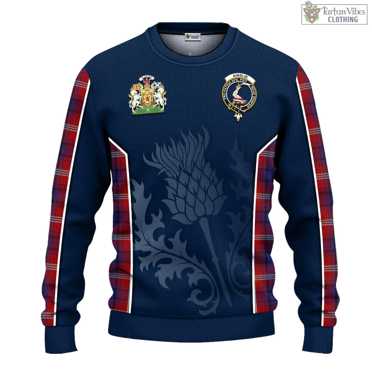 Ainslie Tartan Knitted Sweatshirt with Family Crest and Scottish Thistle Vibes Sport Style