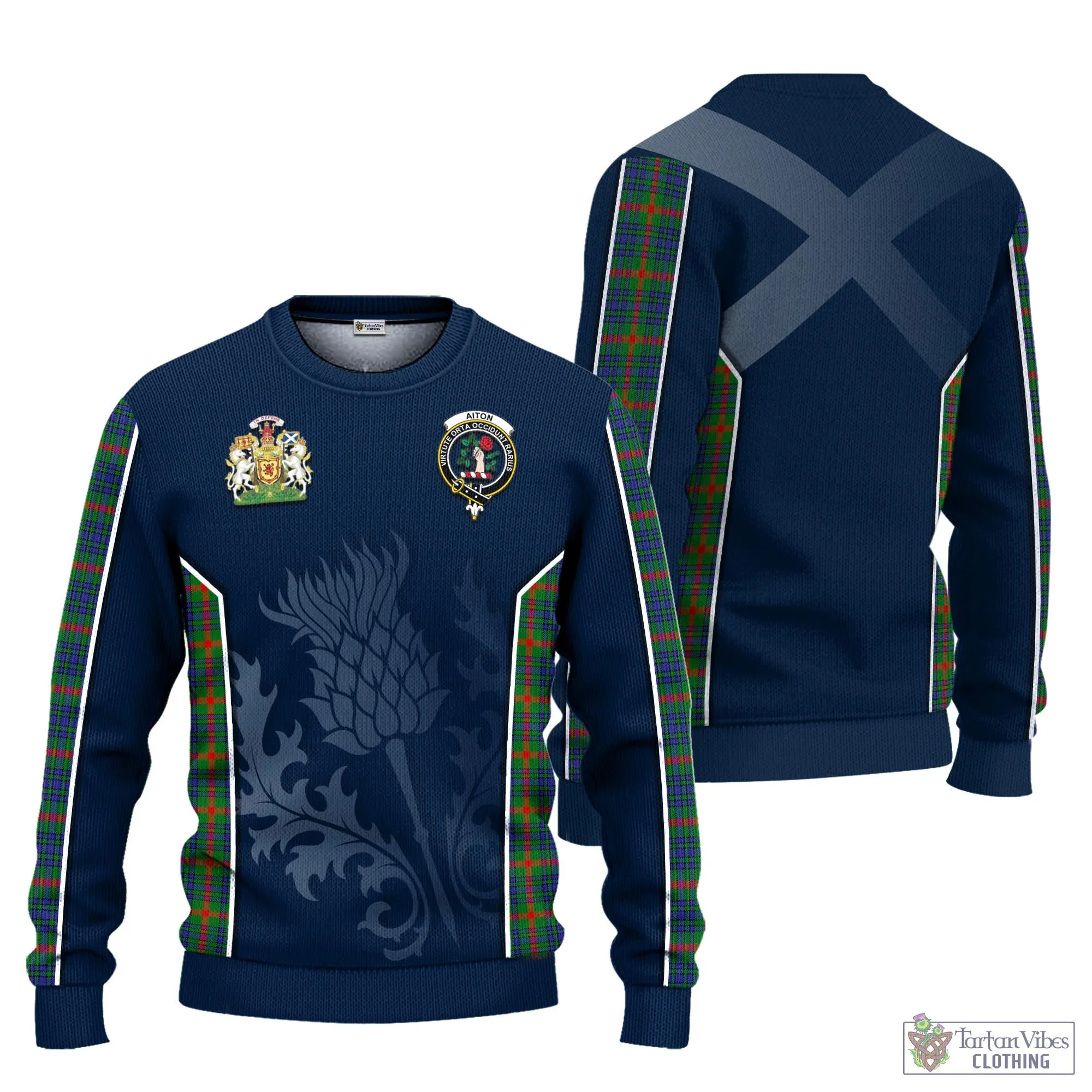 Aiton Tartan Knitted Sweatshirt with Family Crest and Scottish Thistle Vibes Sport Style