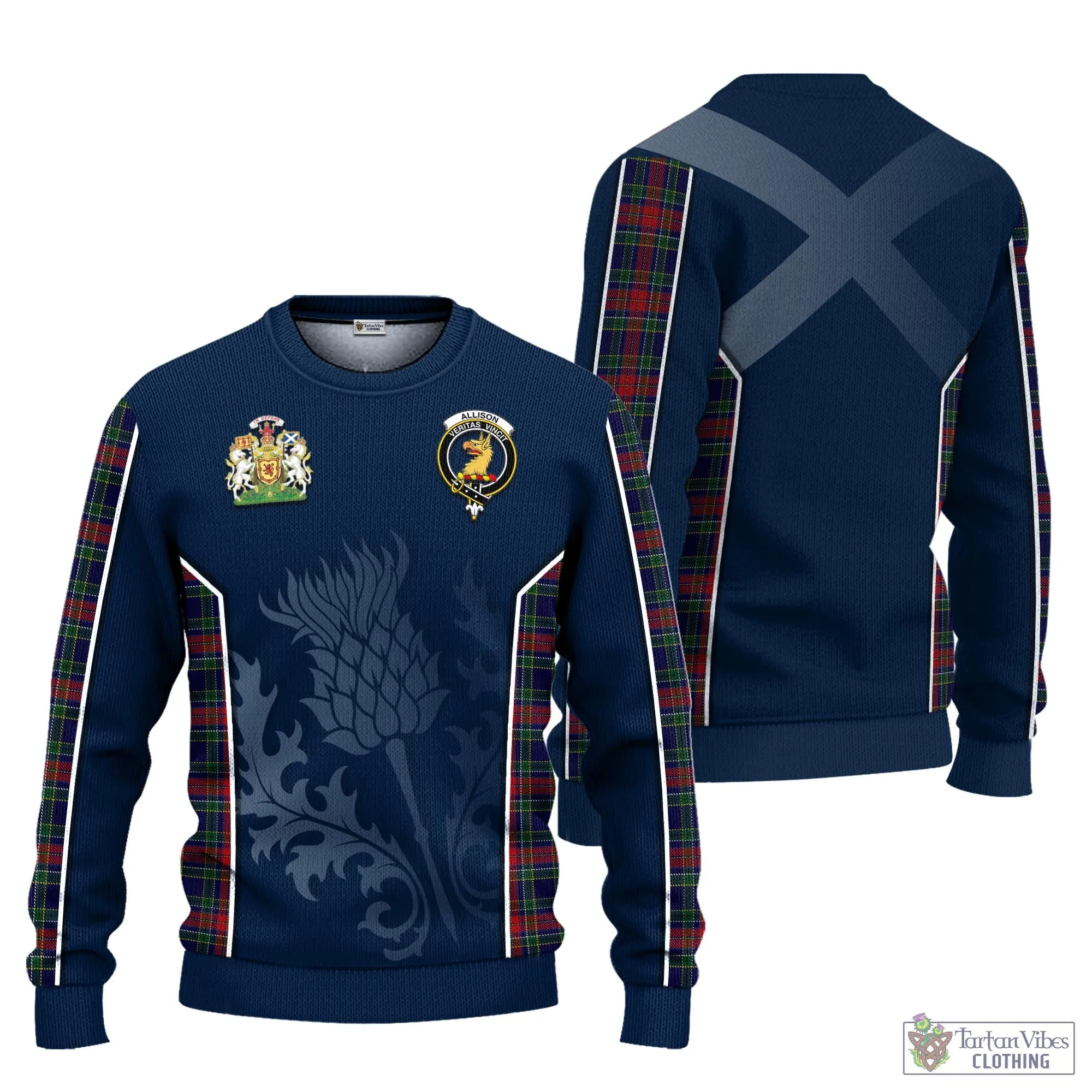 Allison Red Tartan Knitted Sweatshirt with Family Crest and Scottish Thistle Vibes Sport Style