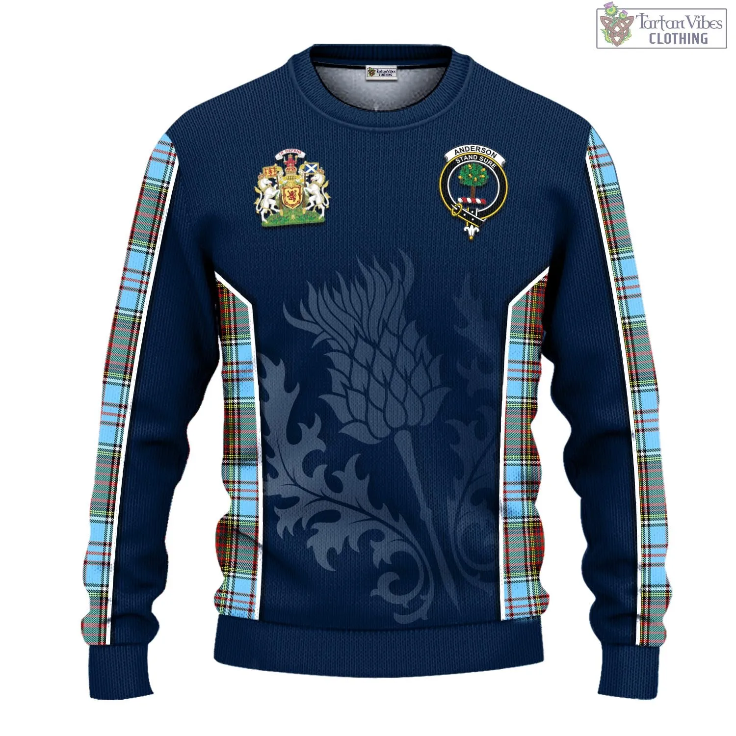 Anderson Ancient Tartan Knitted Sweatshirt with Family Crest and Scottish Thistle Vibes Sport Style