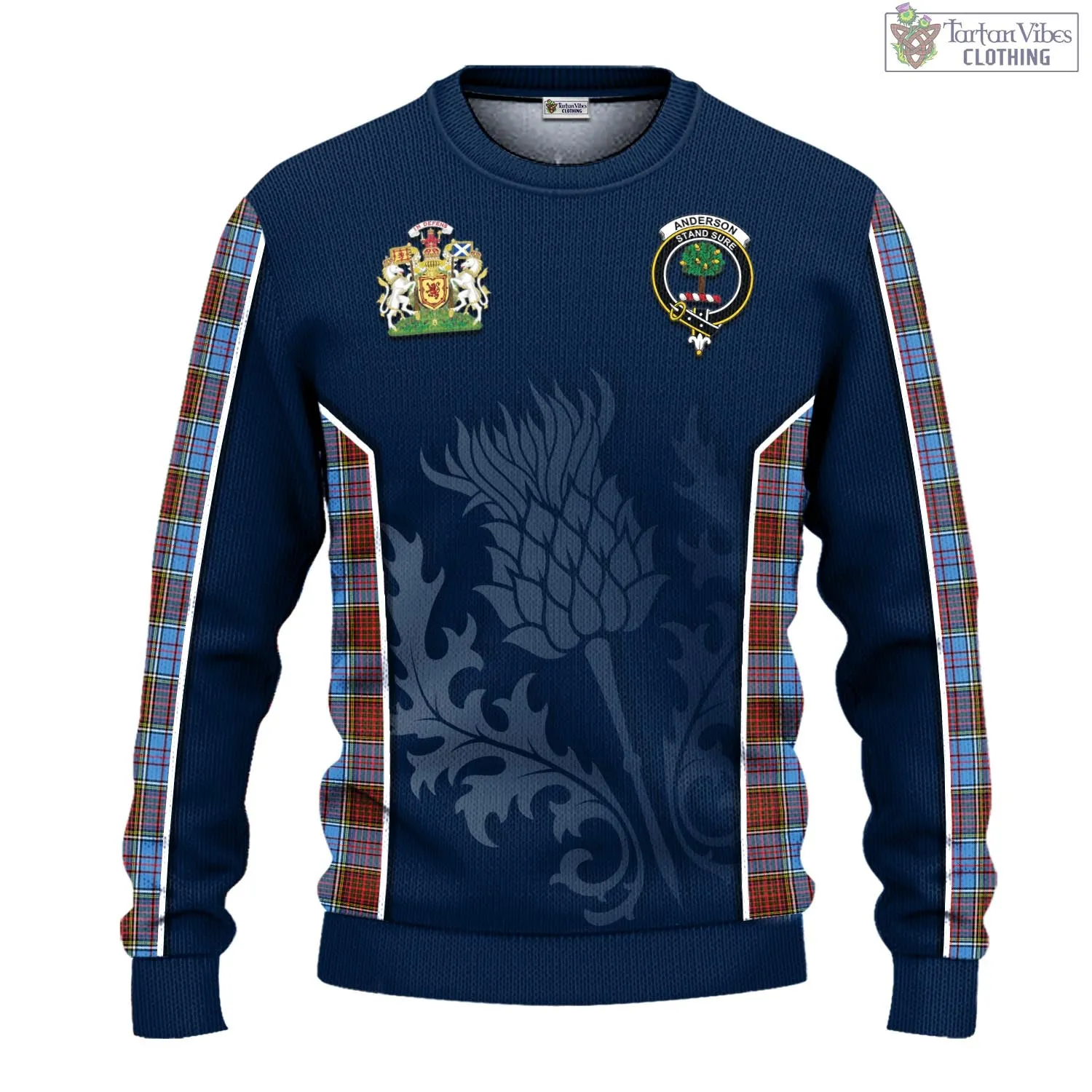 Anderson Modern Tartan Knitted Sweatshirt with Family Crest and Scottish Thistle Vibes Sport Style