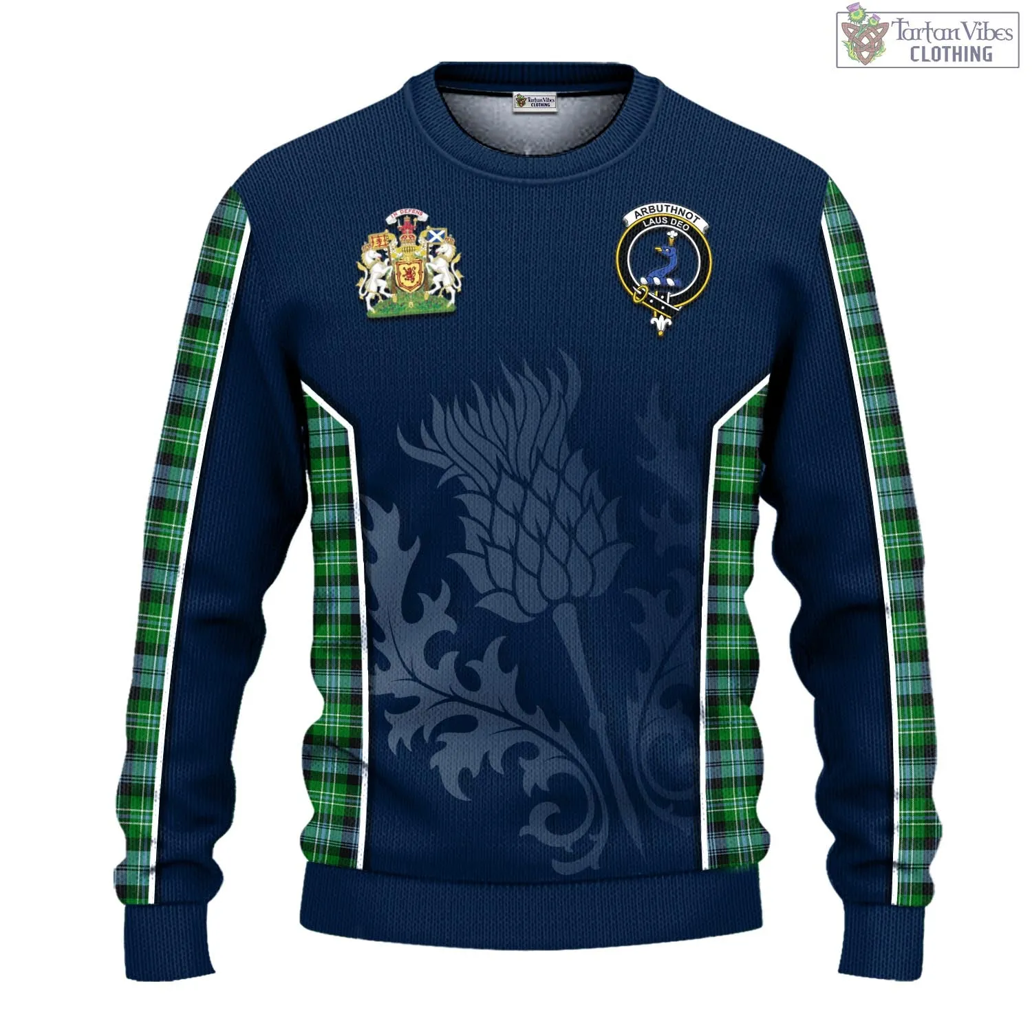 Arbuthnot Ancient Tartan Knitted Sweatshirt with Family Crest and Scottish Thistle Vibes Sport Style