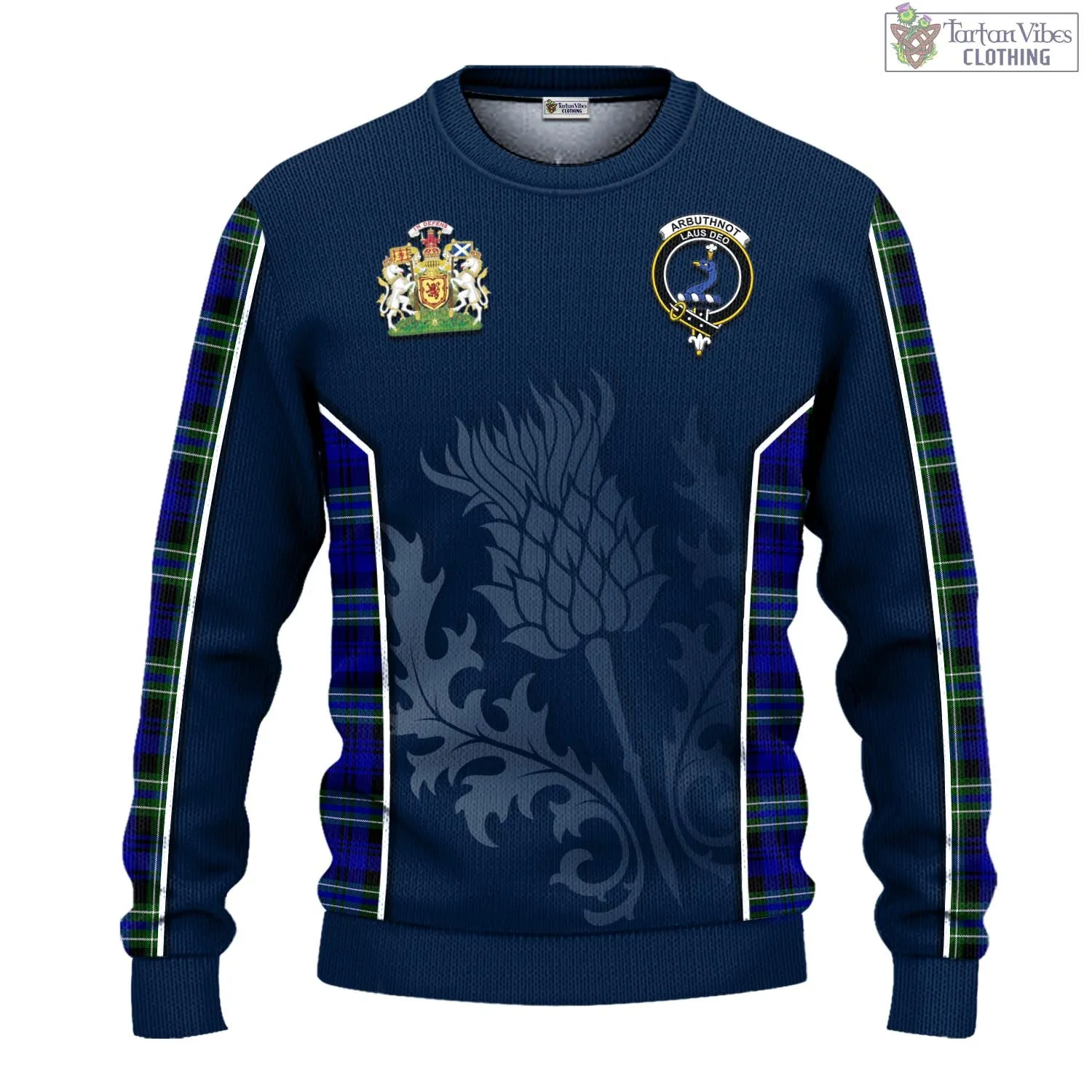 Arbuthnot Modern Tartan Knitted Sweatshirt with Family Crest and Scottish Thistle Vibes Sport Style