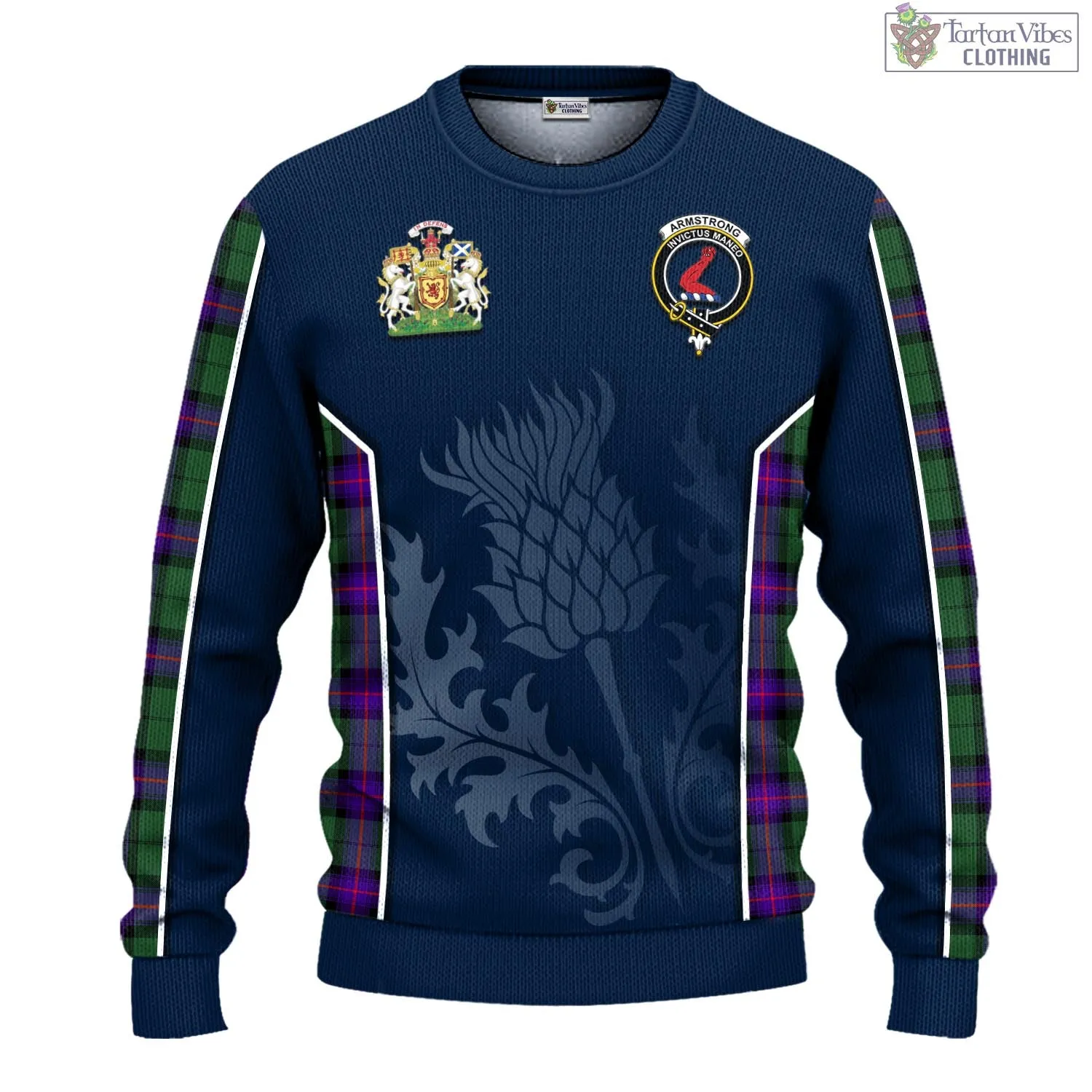 Armstrong Modern Tartan Knitted Sweatshirt with Family Crest and Scottish Thistle Vibes Sport Style