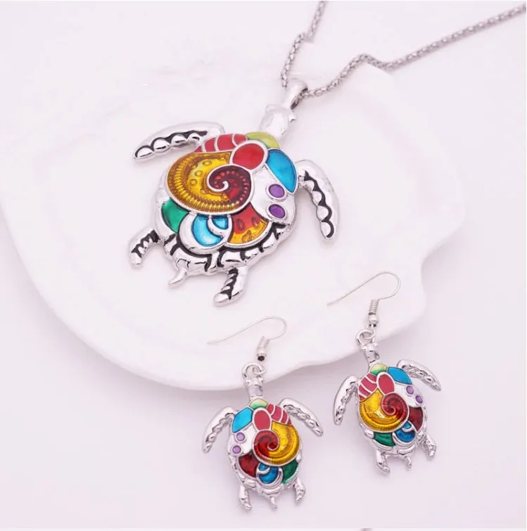 Artsy Sea Turtle Enamel Necklace and Earrings Set