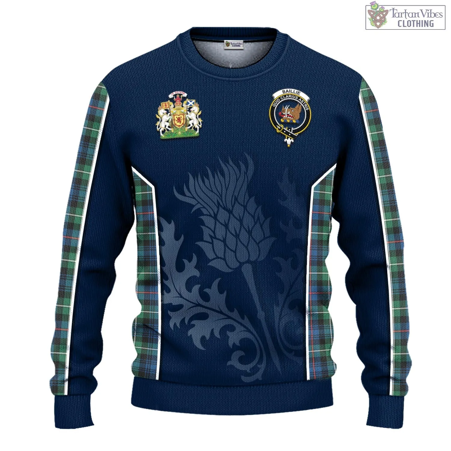 Baillie Ancient Tartan Knitted Sweatshirt with Family Crest and Scottish Thistle Vibes Sport Style