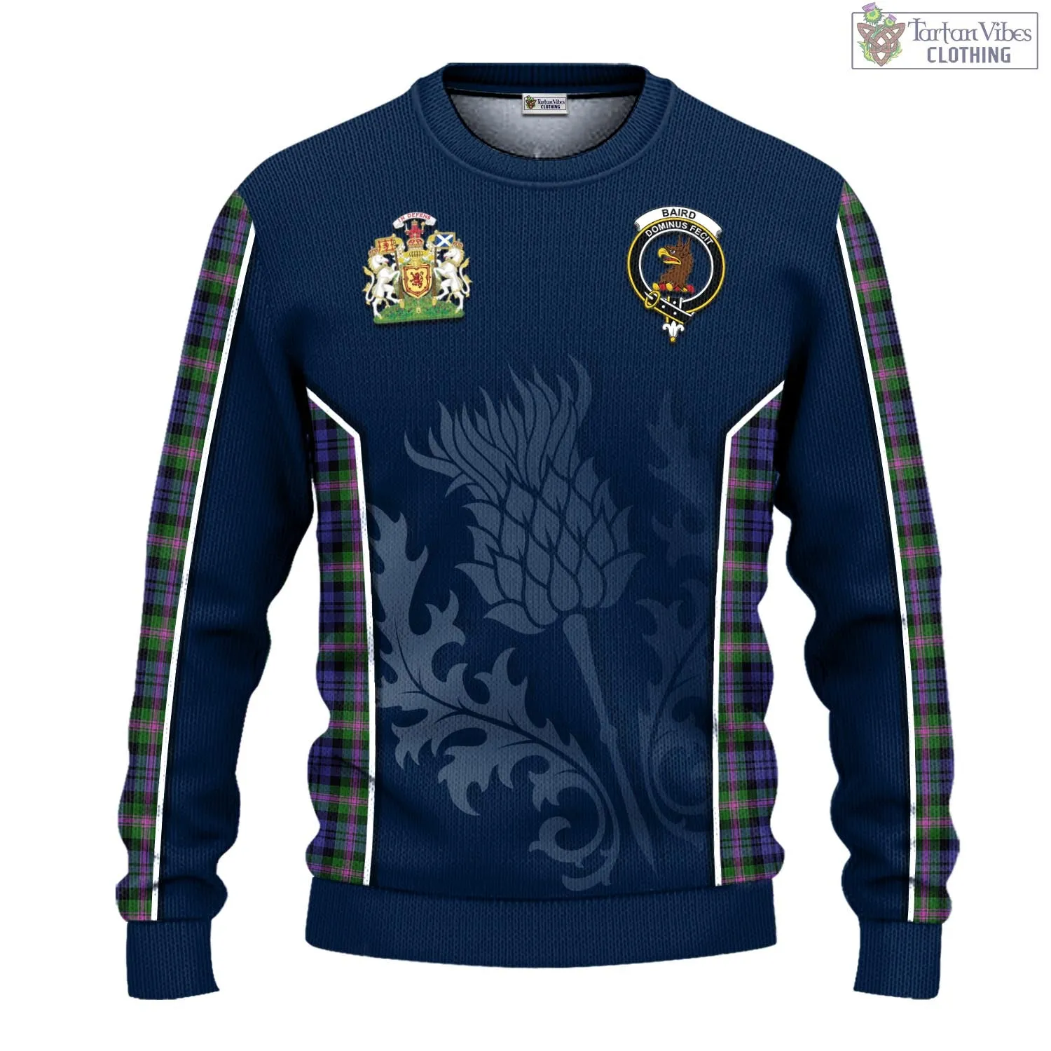 Baird Modern Tartan Knitted Sweatshirt with Family Crest and Scottish Thistle Vibes Sport Style