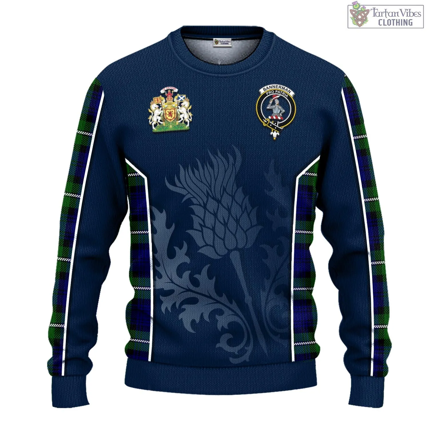 Bannerman Tartan Knitted Sweatshirt with Family Crest and Scottish Thistle Vibes Sport Style