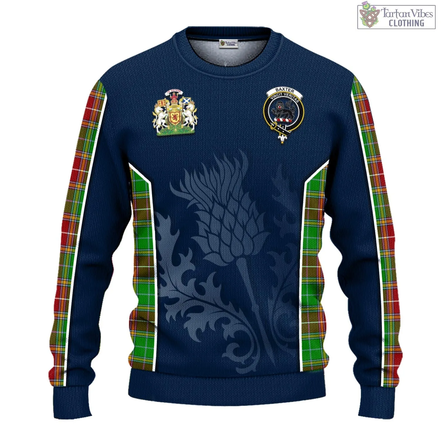 Baxter Modern Tartan Knitted Sweatshirt with Family Crest and Scottish Thistle Vibes Sport Style