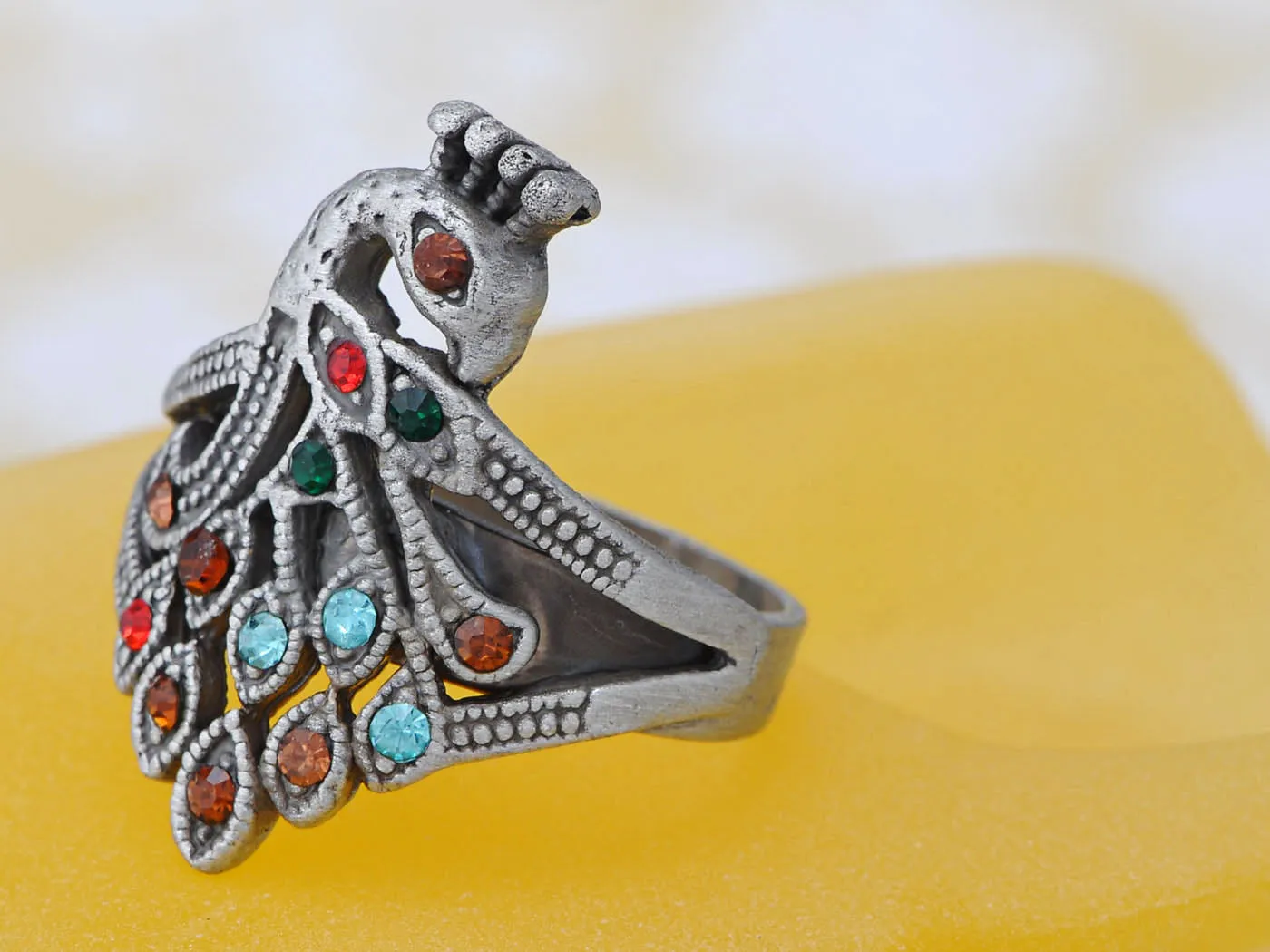 Beautiful Colorful Red Green Peacock Brass Sized Ring