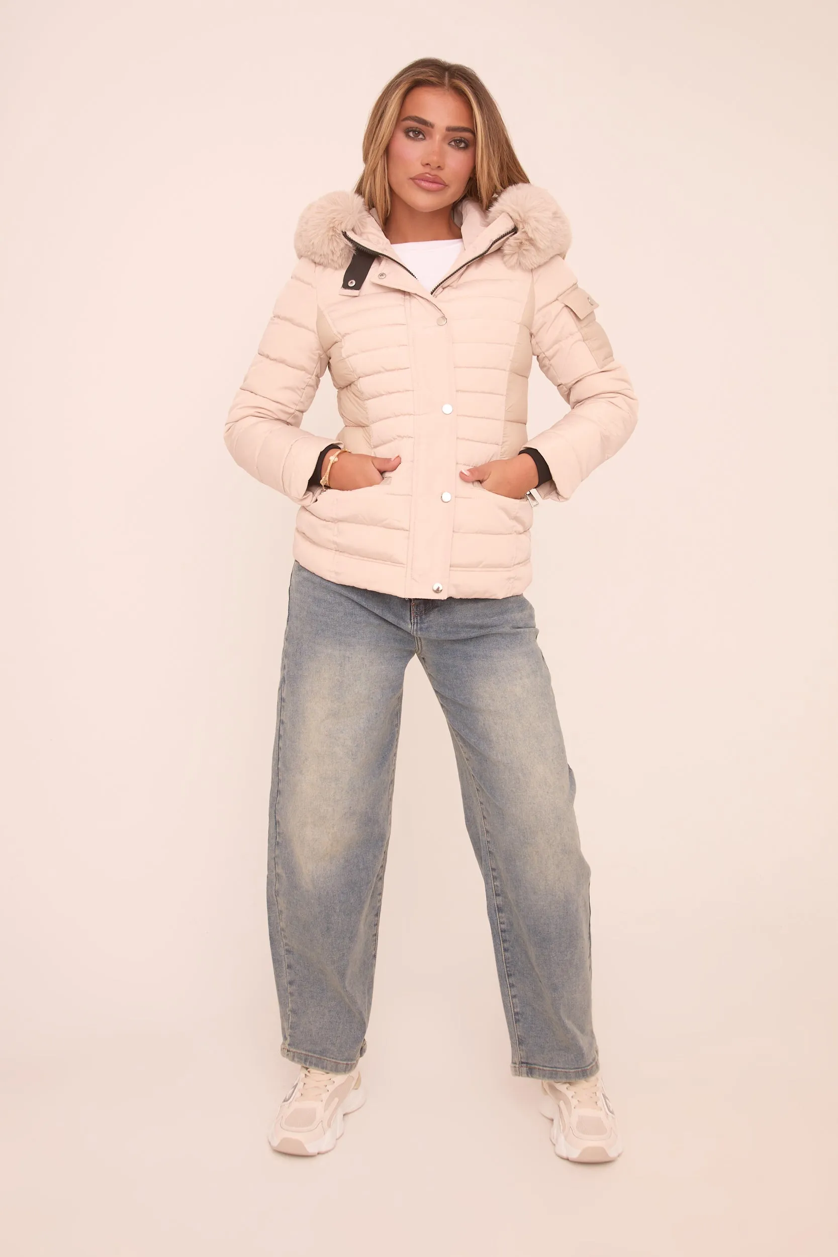 Beige Faux Fur Hooded Puffer Jacket - Glory