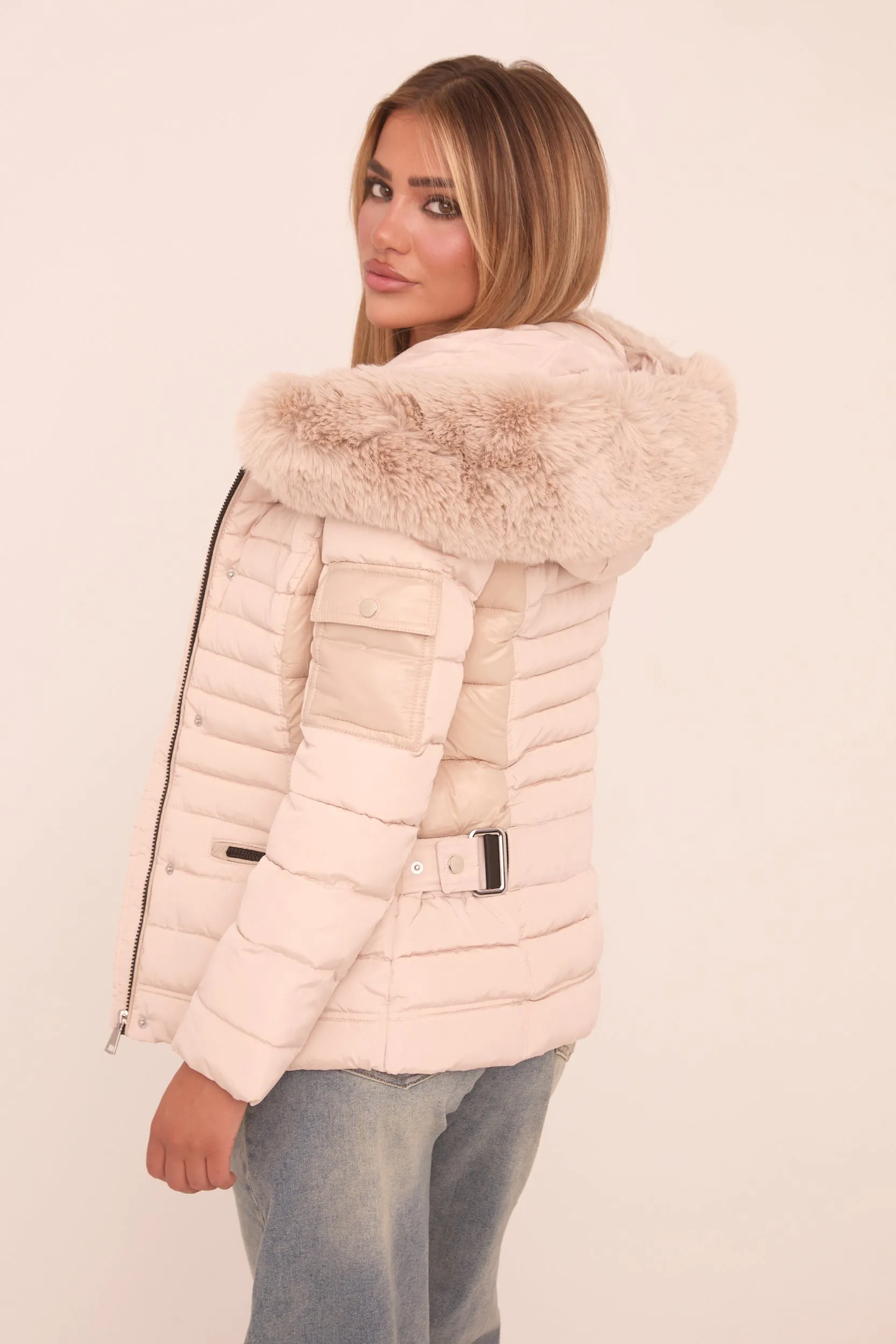 Beige Faux Fur Hooded Puffer Jacket - Glory