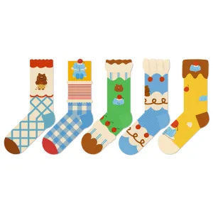 Beligogo Snuggly Blueberry Elephant & Choco Bear 5-Pack Women's Mid-Calf Socks