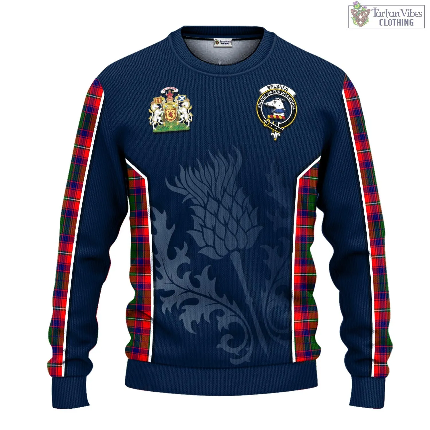 Belshes Tartan Knitted Sweatshirt with Family Crest and Scottish Thistle Vibes Sport Style