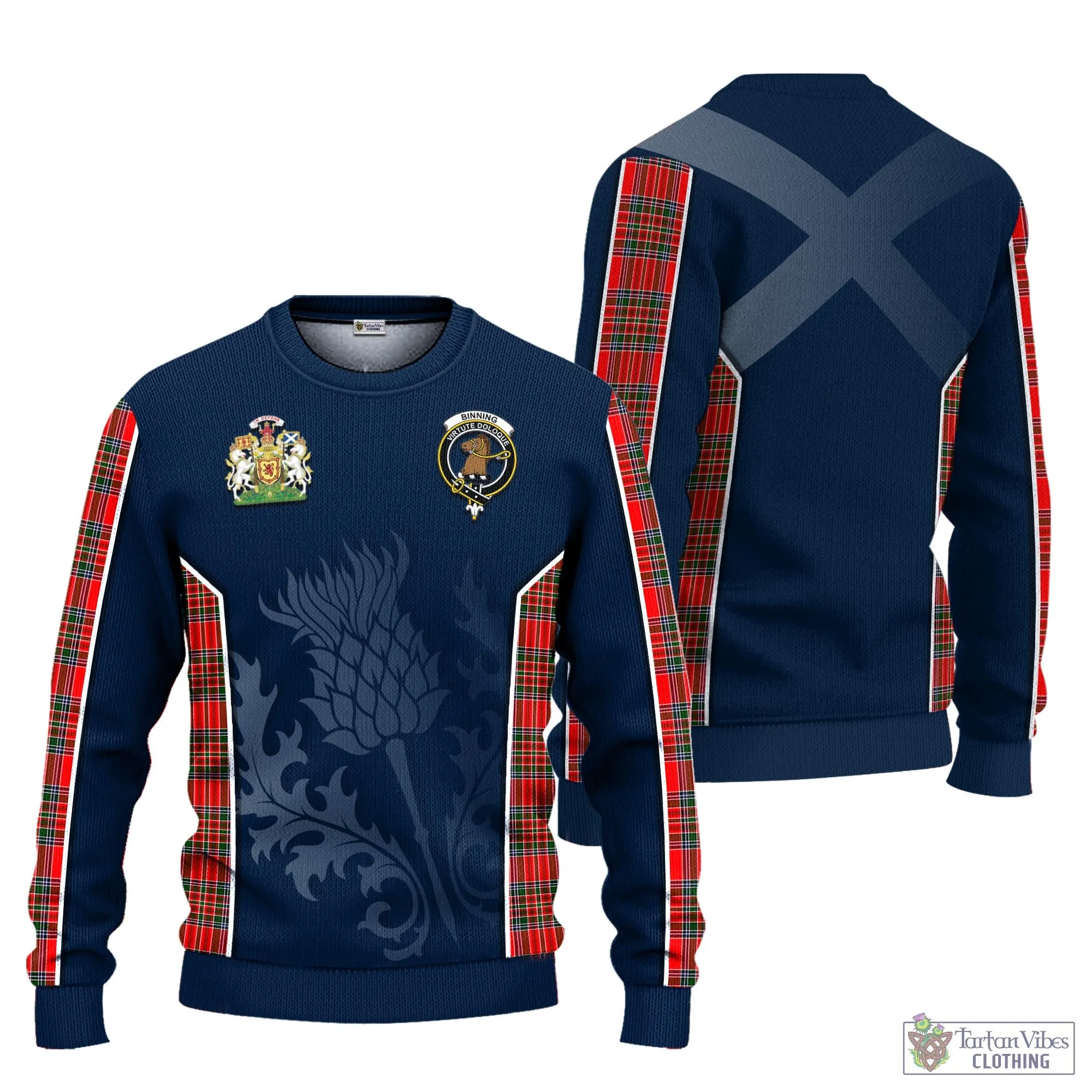 Binning Tartan Knitted Sweatshirt with Family Crest and Scottish Thistle Vibes Sport Style