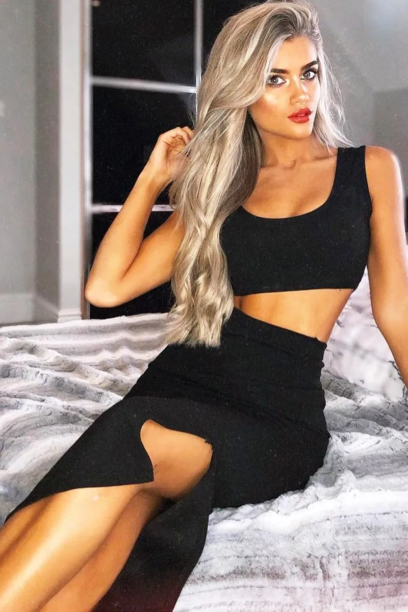 Black Crop Top And Split Hem Midi Skirt Co-ord - Daley