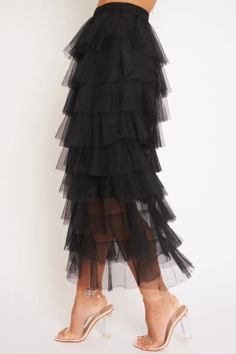 Black High Waisted Tulle Ruffle Midi Skirt - Aaliyana