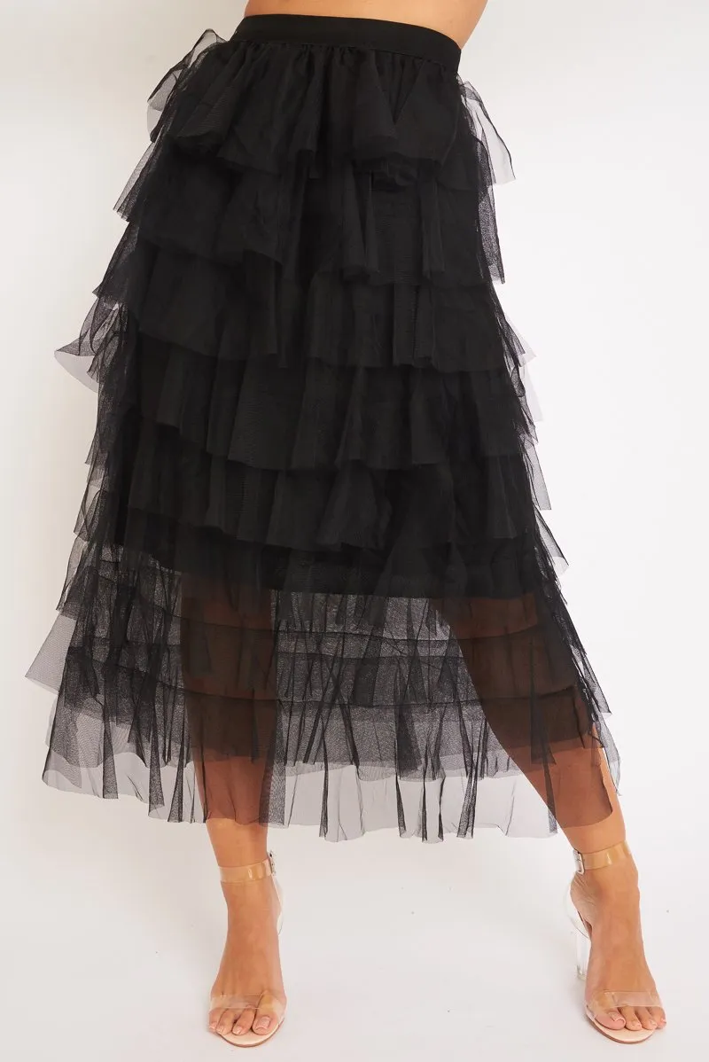 Black High Waisted Tulle Ruffle Midi Skirt - Aaliyana