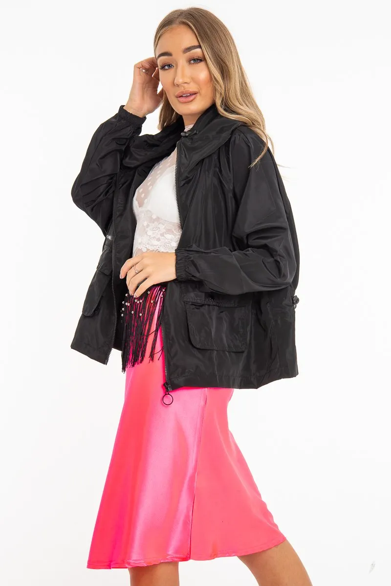 Black Hooded Zip Front Rain Parka - Leticia