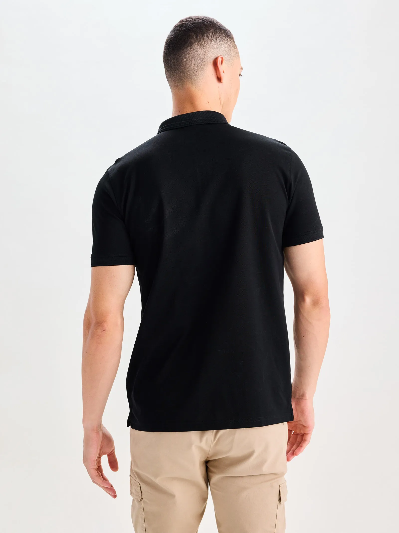 Black Mercerised Cotton Zip Polo T-Shirt