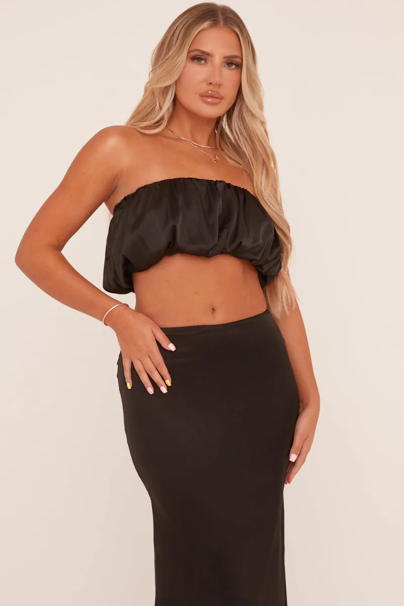 Black Satin Puffball Cropped Top & Maxi Skirt Co-ord Set - Balbina