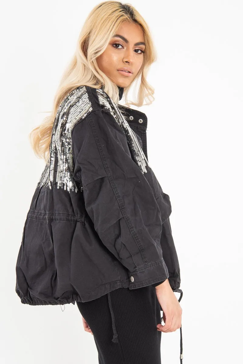 Black Silver Sequin Parka Denim Jacket - Dilara