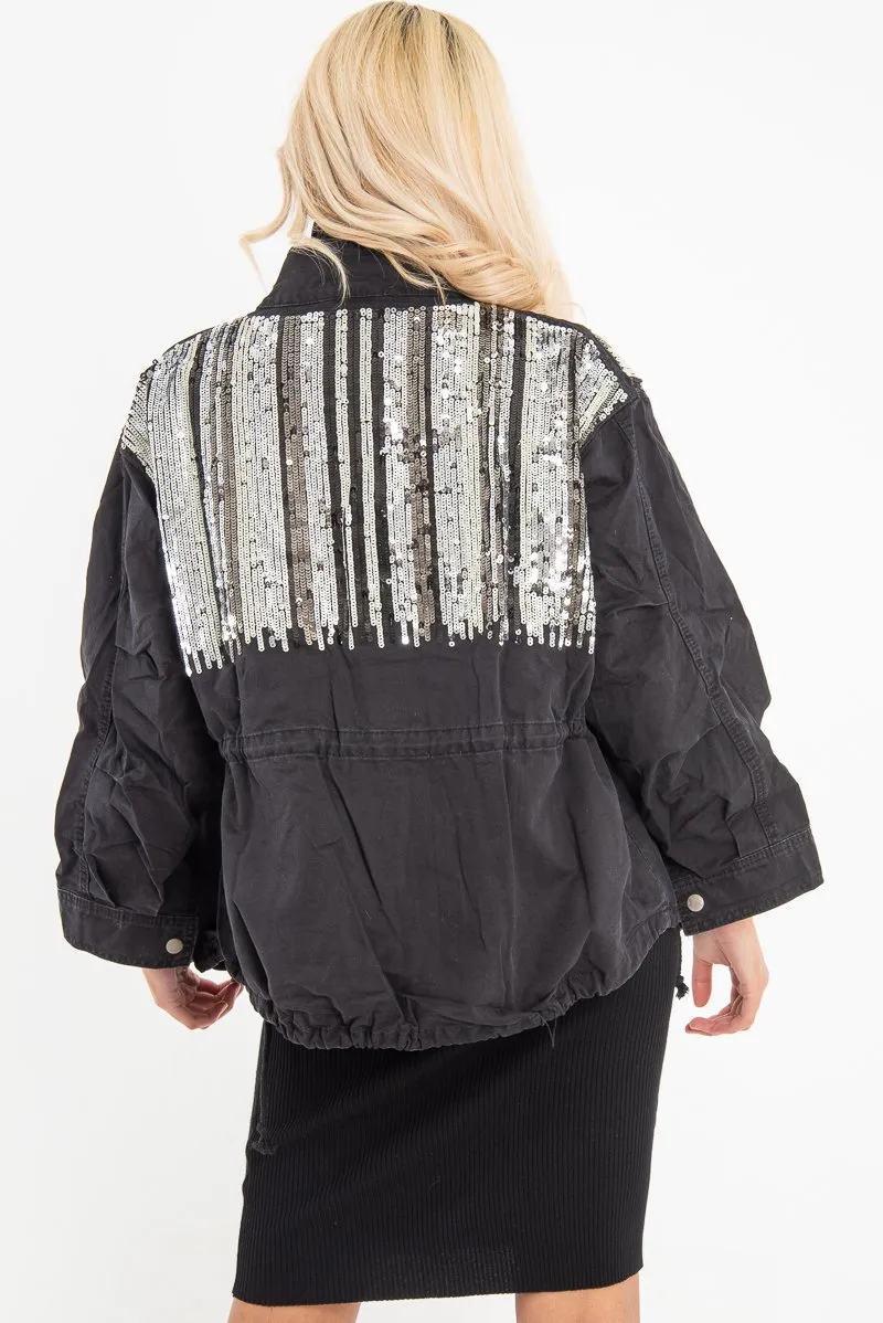 Black Silver Sequin Parka Denim Jacket - Dilara