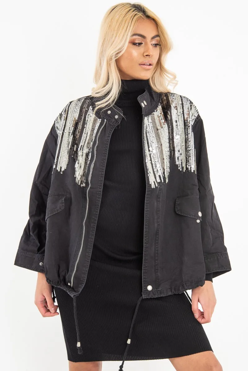 Black Silver Sequin Parka Denim Jacket - Dilara