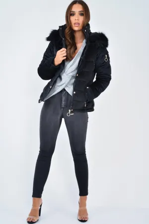 Black Velour Fur Hood Puffer Jacket - Eastlynn