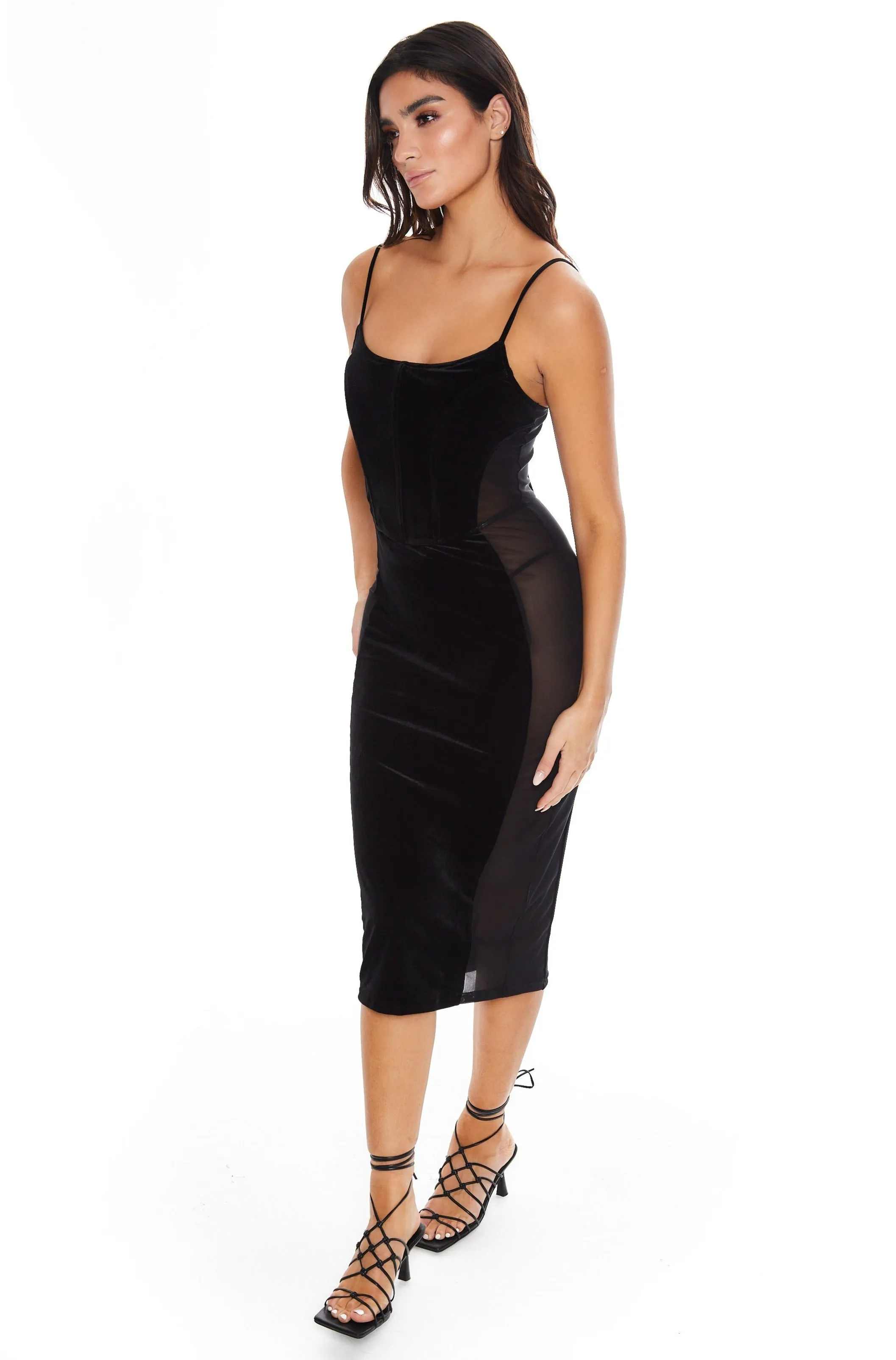 Black Velvet Corset Mesh Side Dress