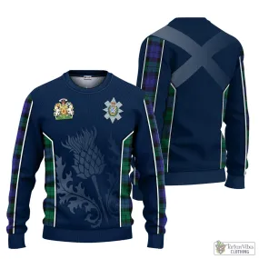 Black Watch Modern Tartan Knitted Sweatshirt with Family Crest and Scottish Thistle Vibes Sport Style