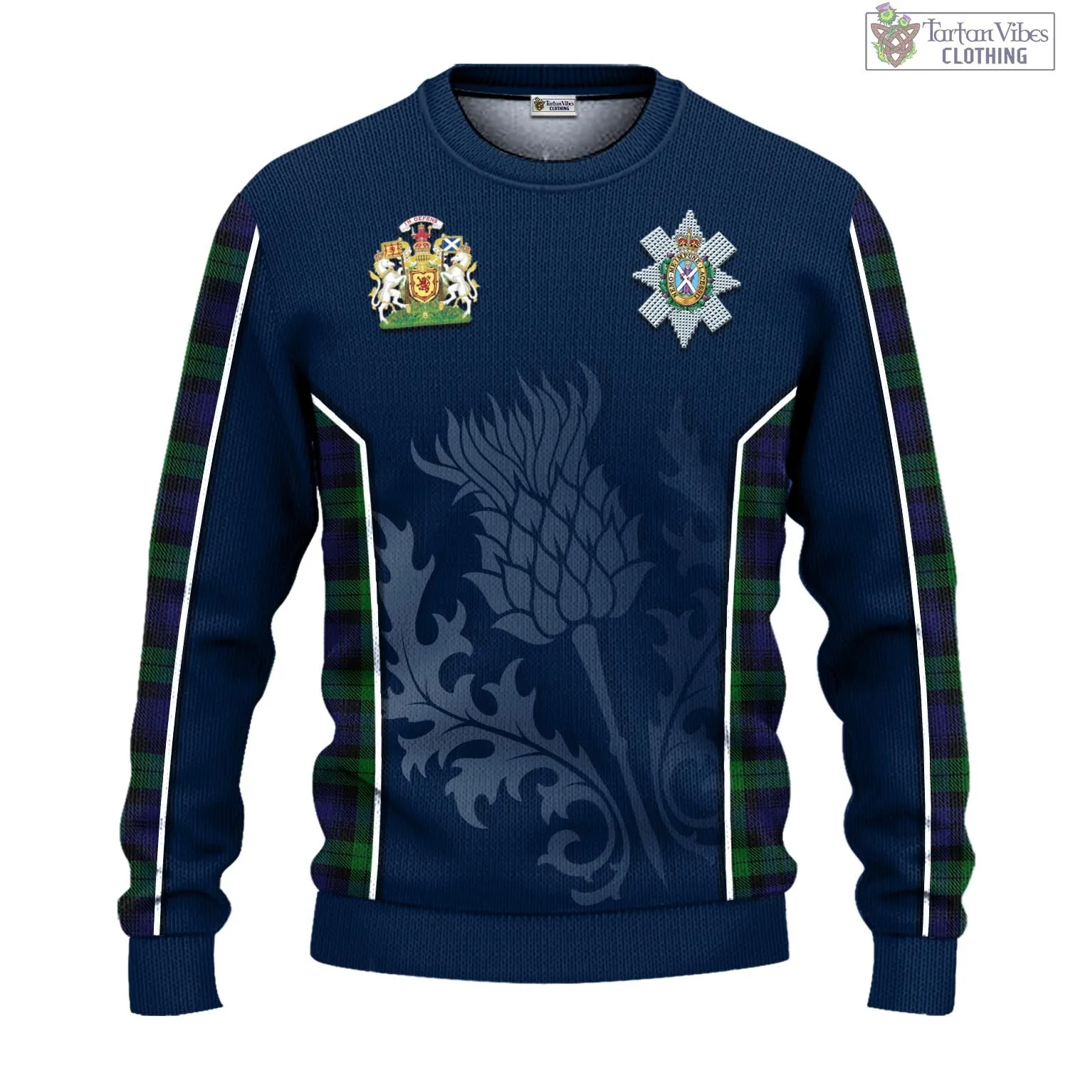 Black Watch Tartan Knitted Sweatshirt with Family Crest and Scottish Thistle Vibes Sport Style