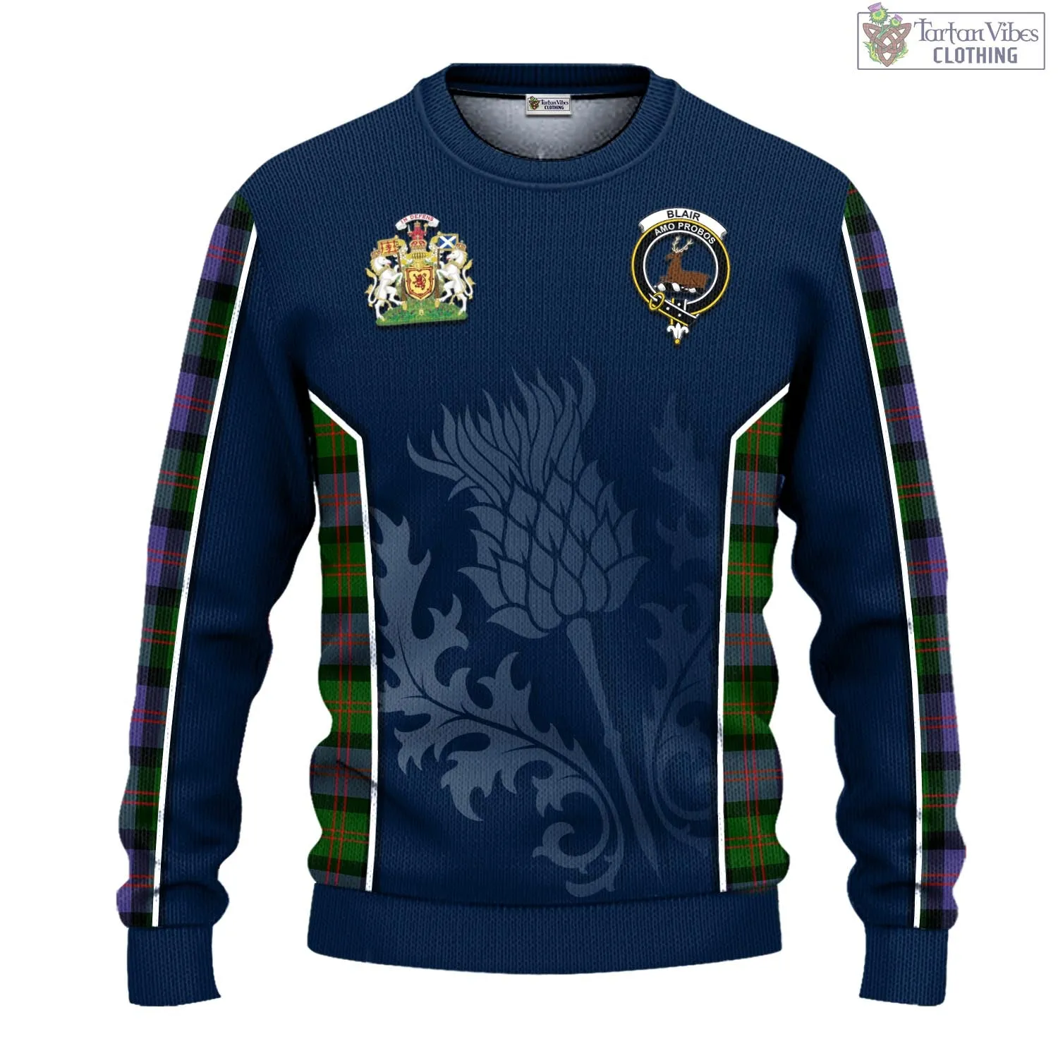 Blair Modern Tartan Knitted Sweatshirt with Family Crest and Scottish Thistle Vibes Sport Style