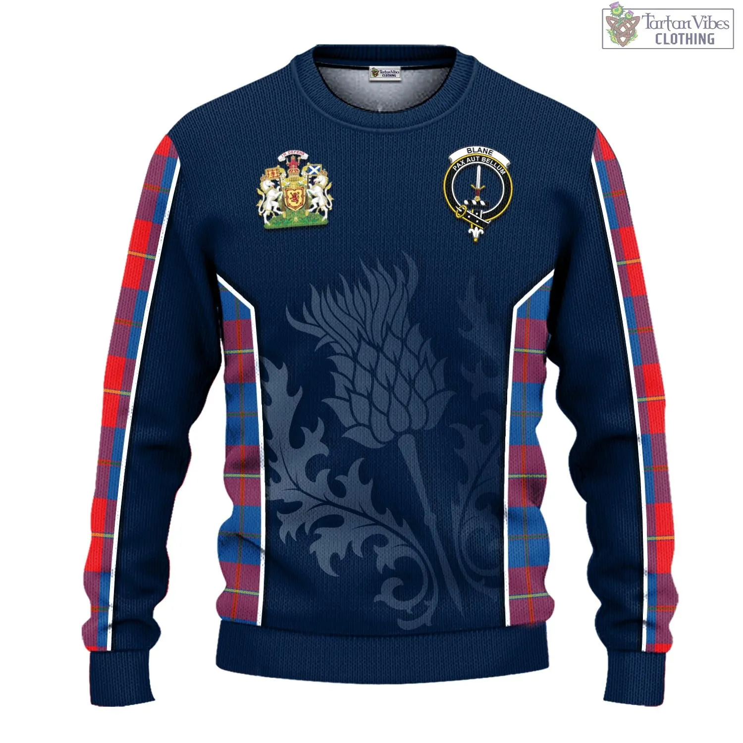 Blane Tartan Knitted Sweatshirt with Family Crest and Scottish Thistle Vibes Sport Style