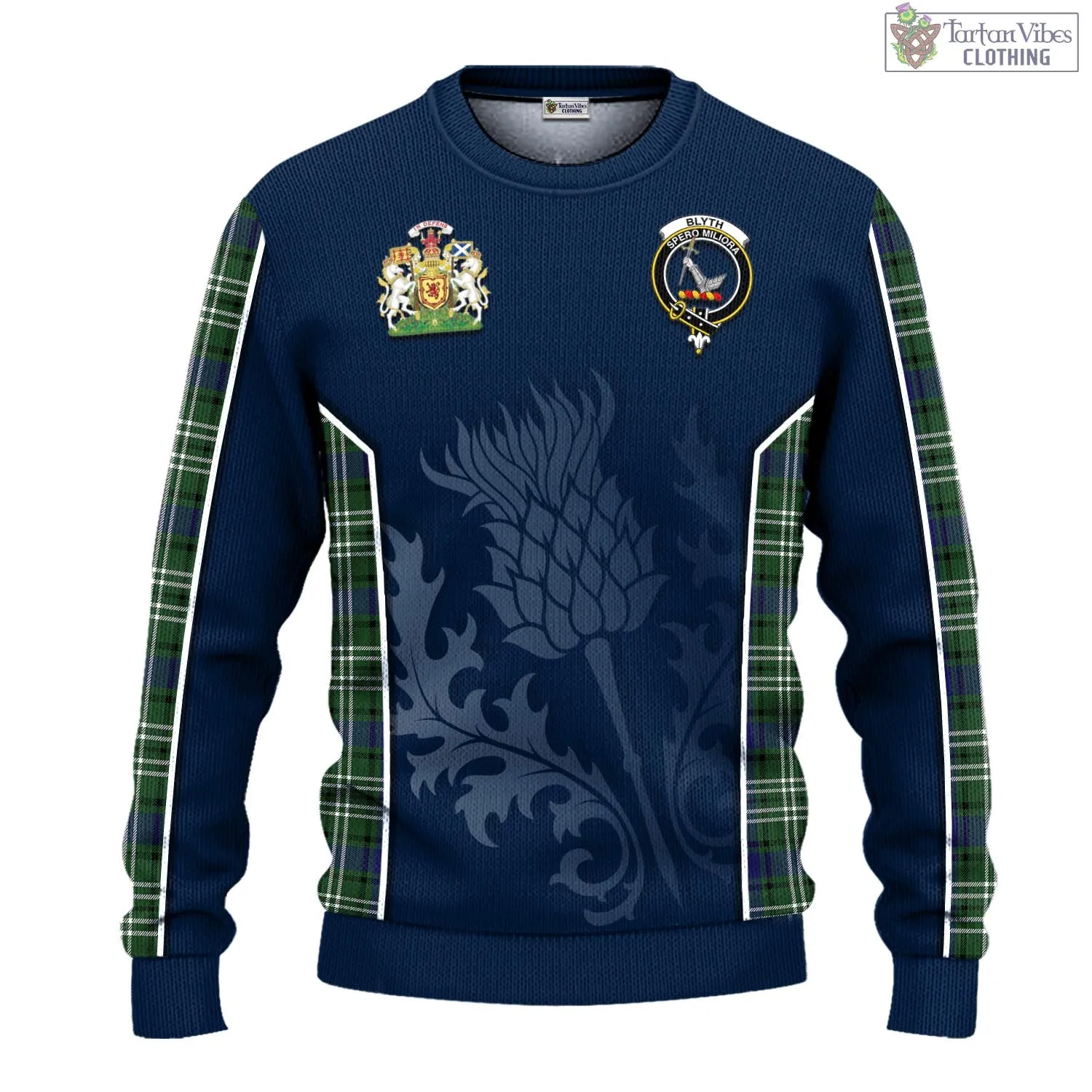 Blyth Tartan Knitted Sweatshirt with Family Crest and Scottish Thistle Vibes Sport Style