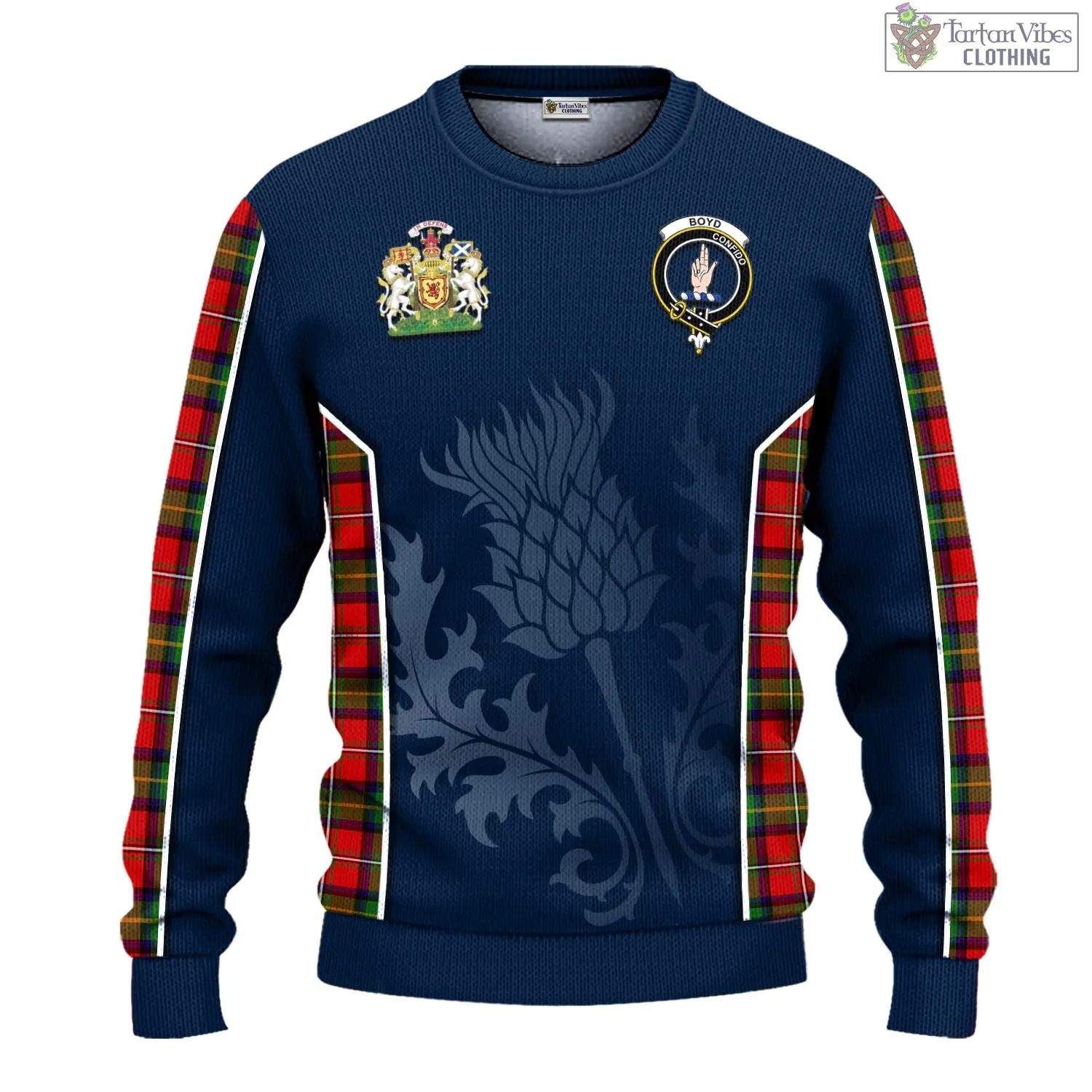 Boyd Tartan Knitted Sweatshirt with Family Crest and Scottish Thistle Vibes Sport Style