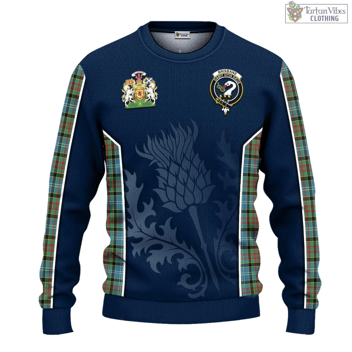 Brisbane Tartan Knitted Sweatshirt with Family Crest and Scottish Thistle Vibes Sport Style